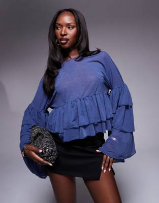 mesh extreme ruffle sleeve top in blue