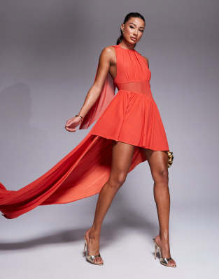 Asos Design Mesh Fabric Mix Mini Dress With Draped Sleeves And Asymmetric Skirt In Red