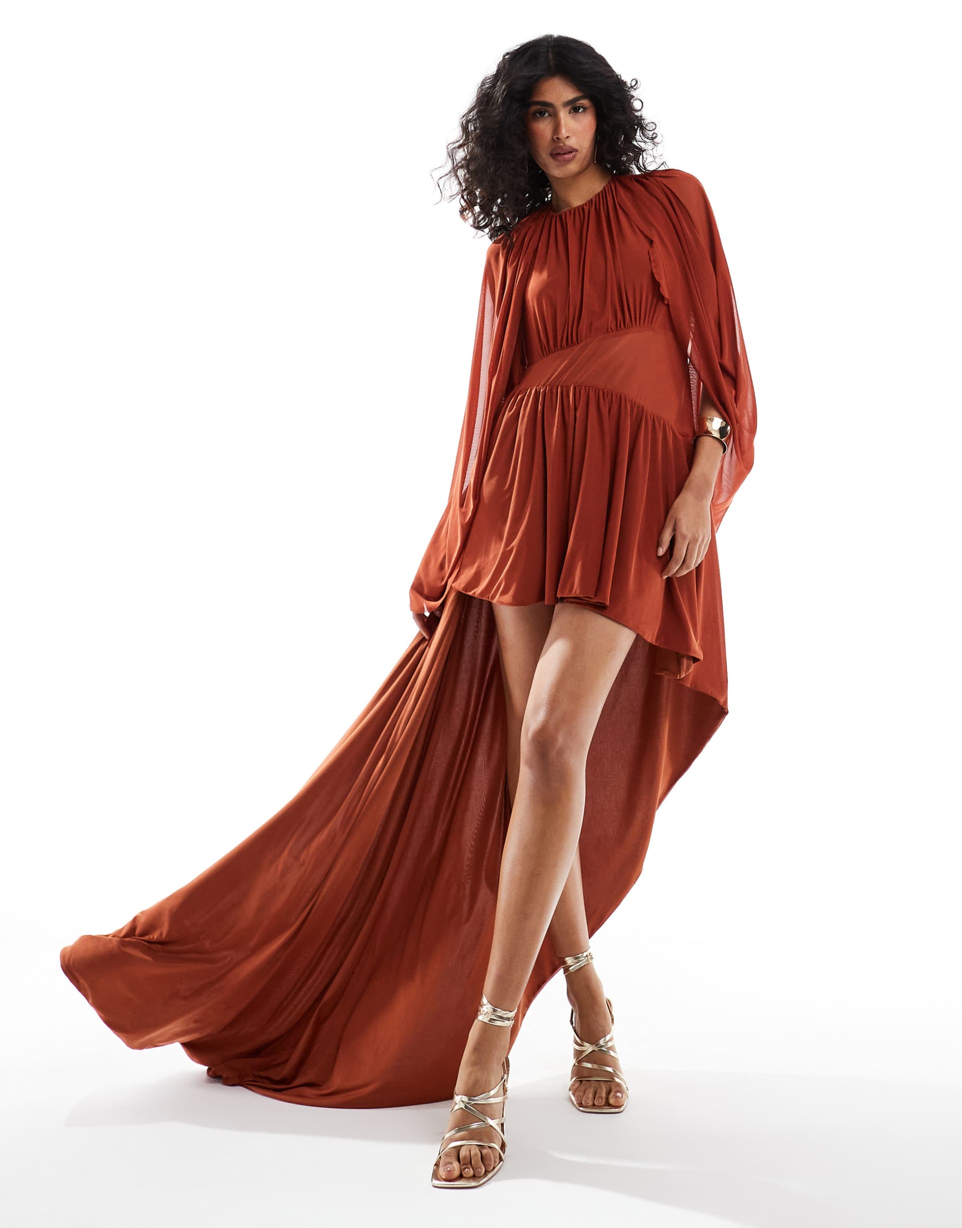 asos design mesh fabric mix mini dress with draped sleeves and asymmetric skirt in rust