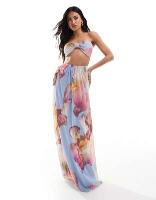 ASOS DESIGN mesh faux-ord bandeau maxi dress in oversized orchid print-Multi