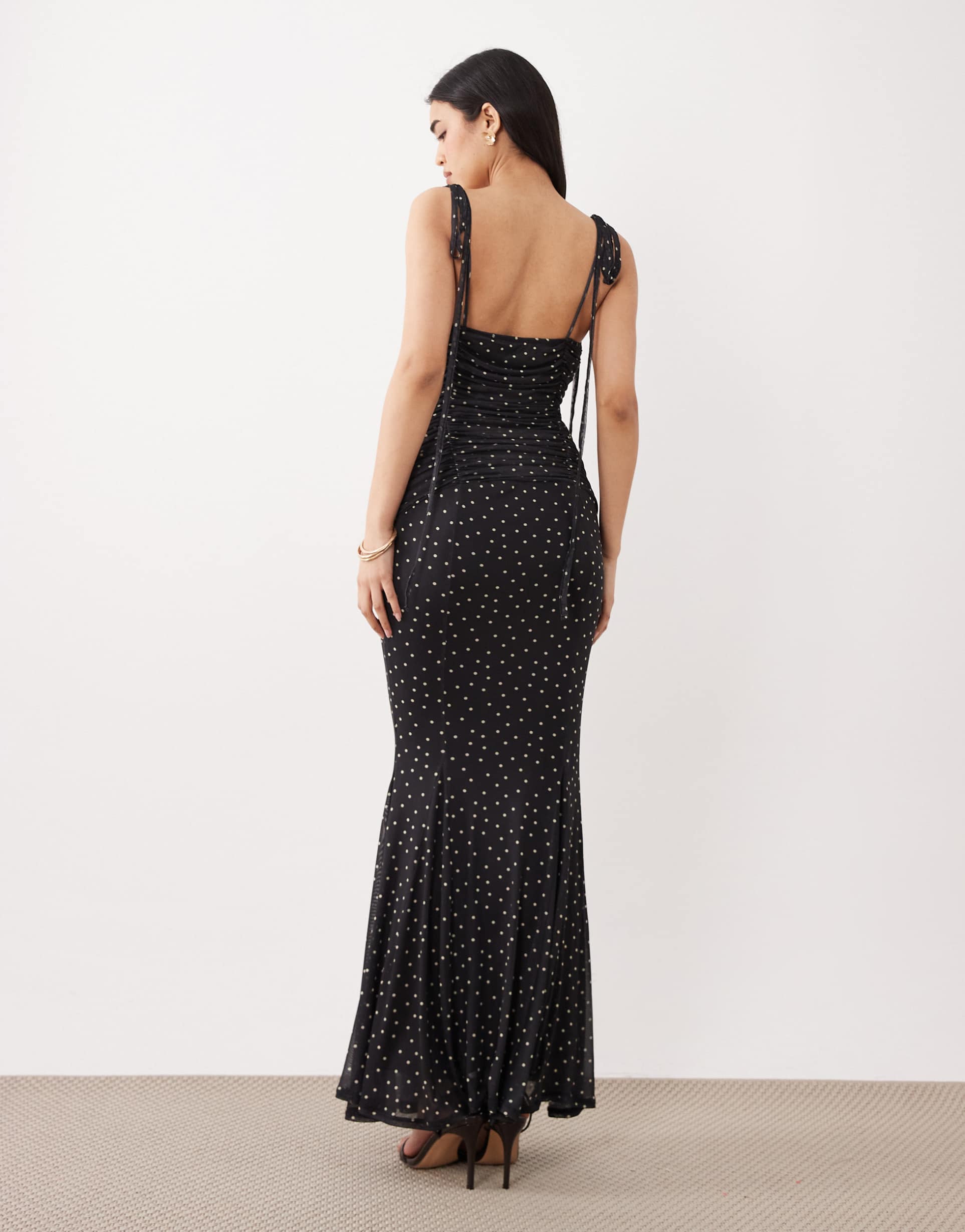 asos design mesh fishtail dress with contrast bust insert in polka dot
