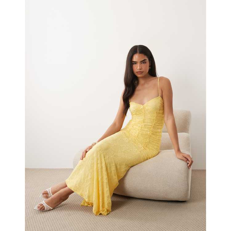 lemon mesh lace boob tube dress Lyvoria | Lemon Bandeau Maxi Dress With Mesh-Detail And Scarf