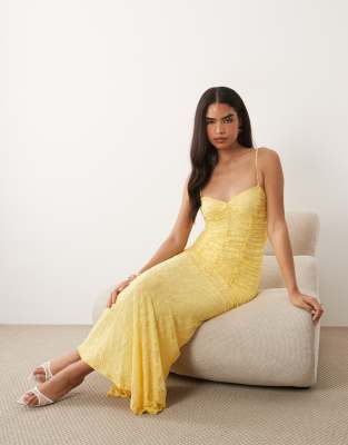 Asos Design Mesh Fishtail Maxi Dress With Lace Trim Detailing And Ruched Bodice In Yellow