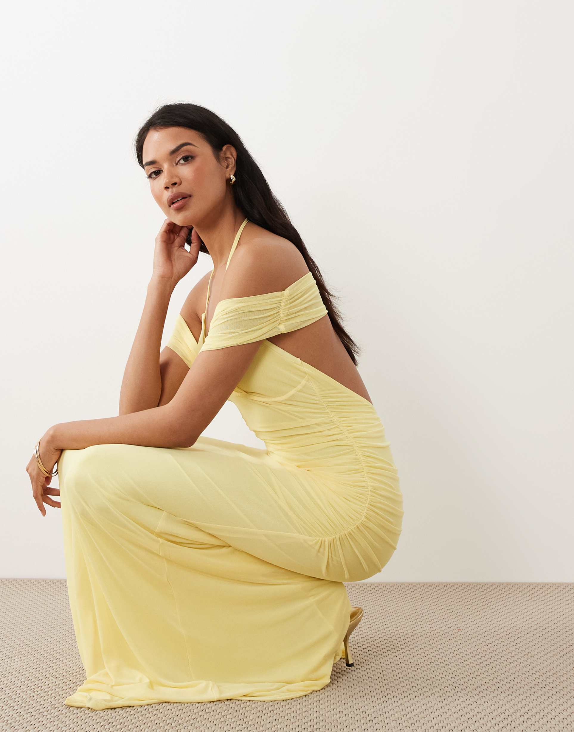 asos design mesh fishtail maxi dress with shoulder grazing ruched layer in lemon