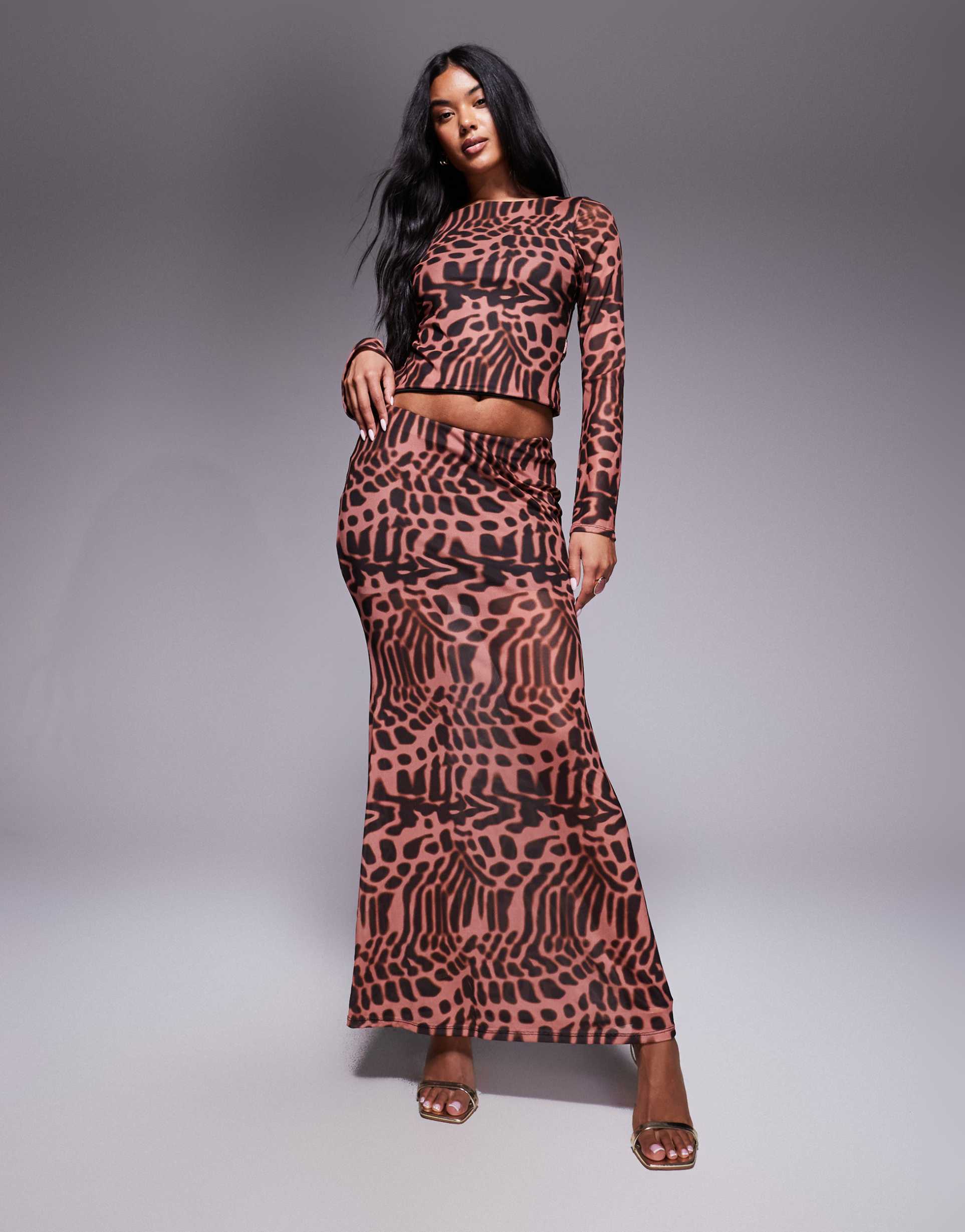 asos design mesh fishtail midi skirt in animal print - part of a set