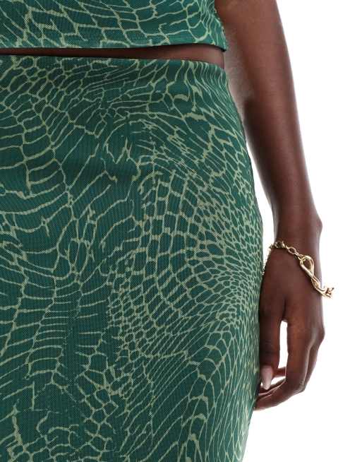 ASOS DESIGN mesh fishtail skirt with side split in green snake print part of a set