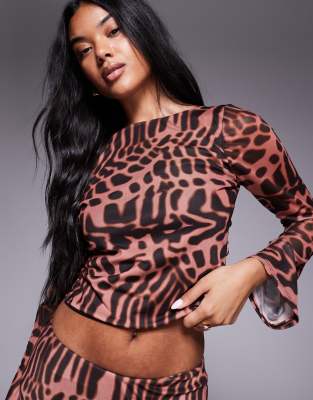 Asos Design Mesh Flare Sleeve Top In Brown