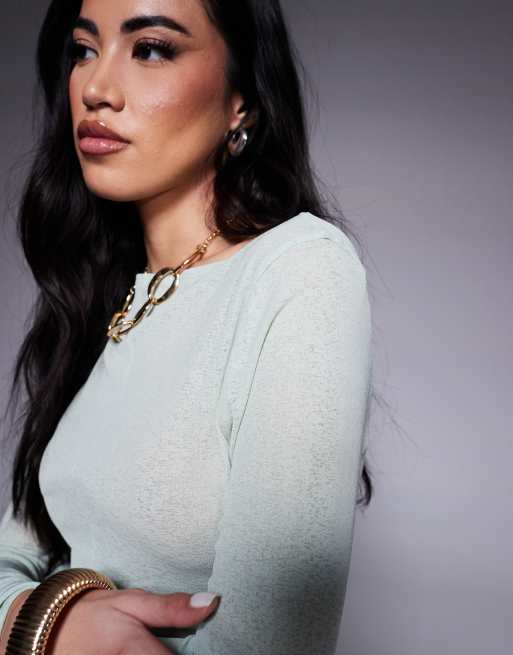 ASOS DESIGN mesh flared long sleeve boat neck top with slit detail at front in mint green, 4 of 4