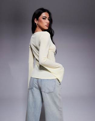 ASOS DESIGN MESH FLARED LONG SLEEVE BOAT NECK TOP WITH SLIT DETAIL AT FRONT 