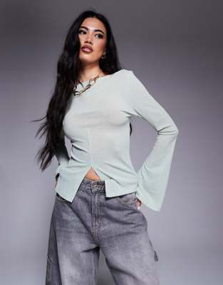 Asos Design Mesh Flared Long Sleeve Boat Neck Top With Slit Detail On Front In Green