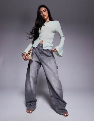 ASOS DESIGN MESH FLARED LONG SLEEVE BOAT NECK TOP WITH SLIT DETAIL ON FRONT 