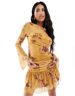 Asos Design Mesh Flared Sleeve Boat Neck Top In Floral Embroidery Print - Part Of A Set-multi