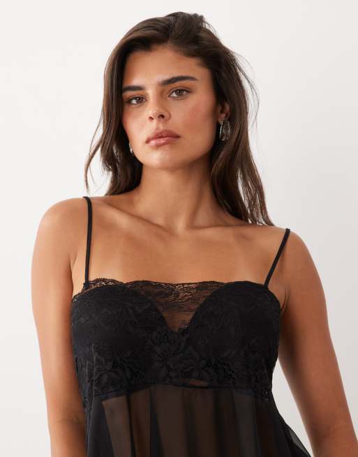 ASOS DESIGN mesh floaty cami with lace bust panel in black, 3 of 4