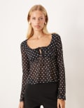 [ASOS DESIGN] ASOS DESIGN mesh floaty flare sleeve top in black polka dot-Multi XS Black polka dot