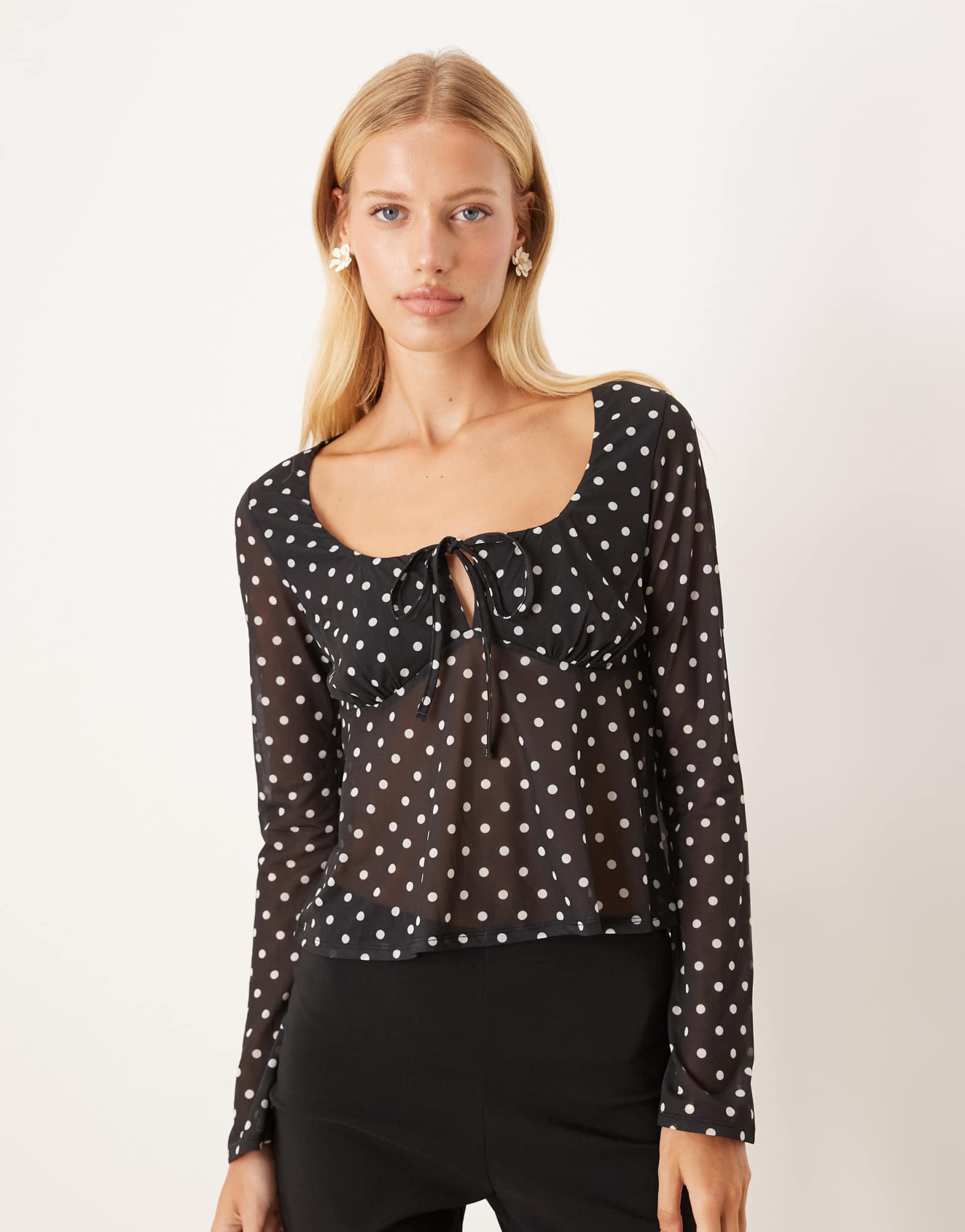 ДИЗАЙНЕРСКИЙ сетчатый топ ASOS с плавающими расклешенными рукавами в черный горошек