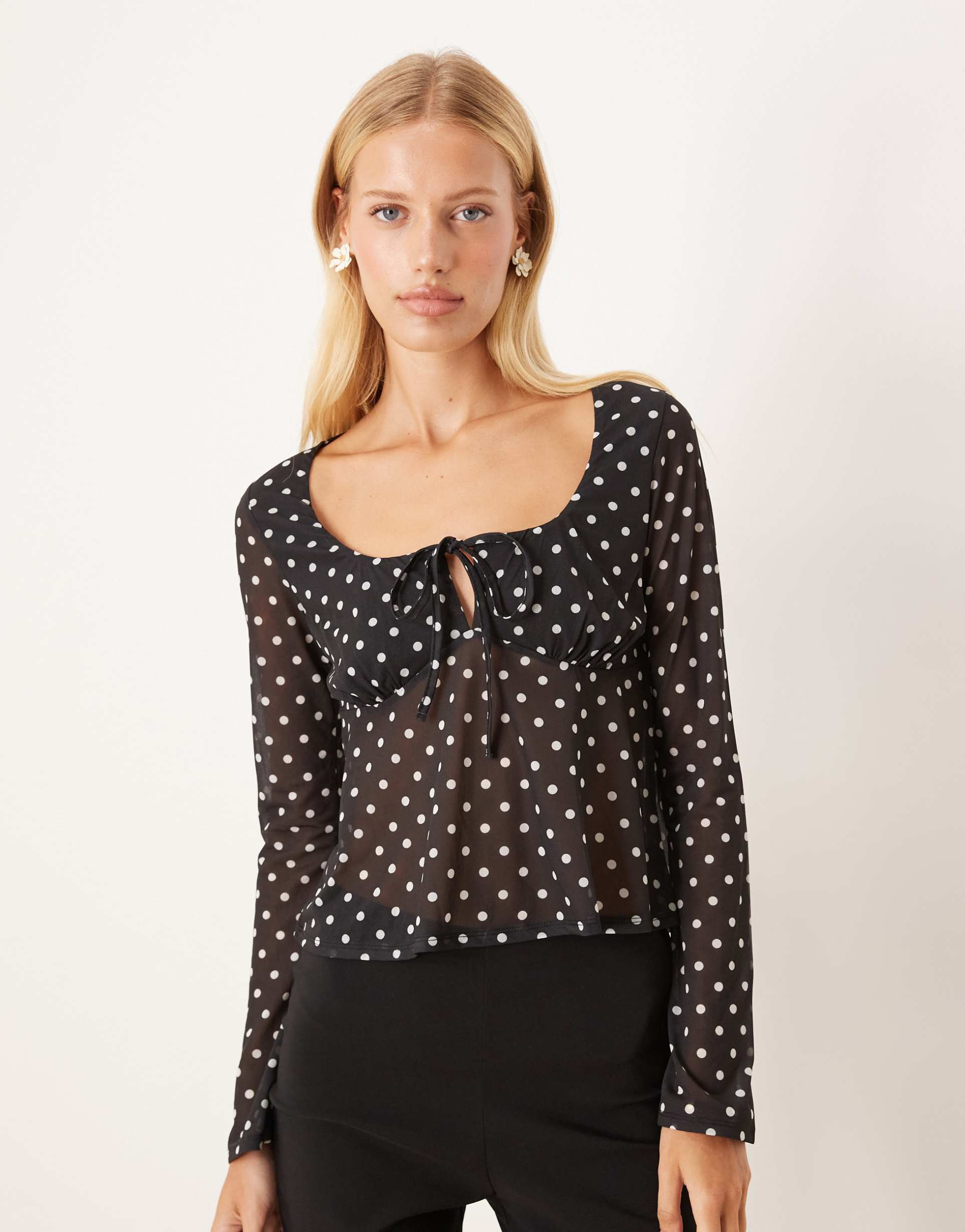 asos design mesh floaty flare sleeve top in black polka dot