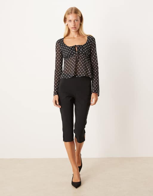 ASOS DESIGN mesh floaty flare sleeve top in black polka dot, 3 of 4