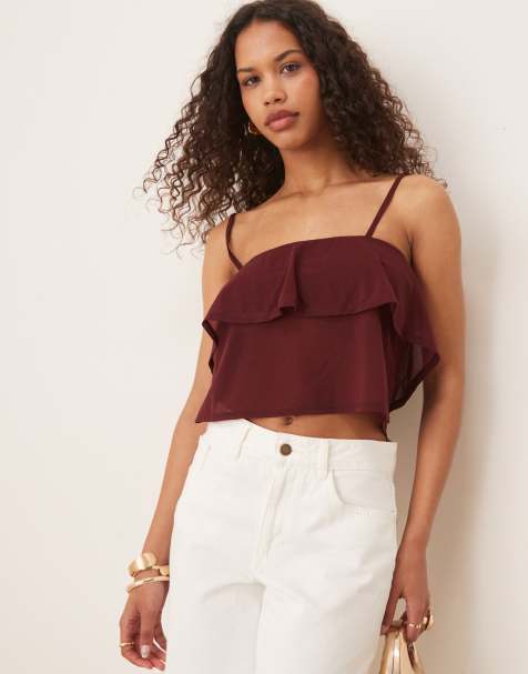 ASOS DESIGN mesh floaty strappy cami top in burgundy - view 1