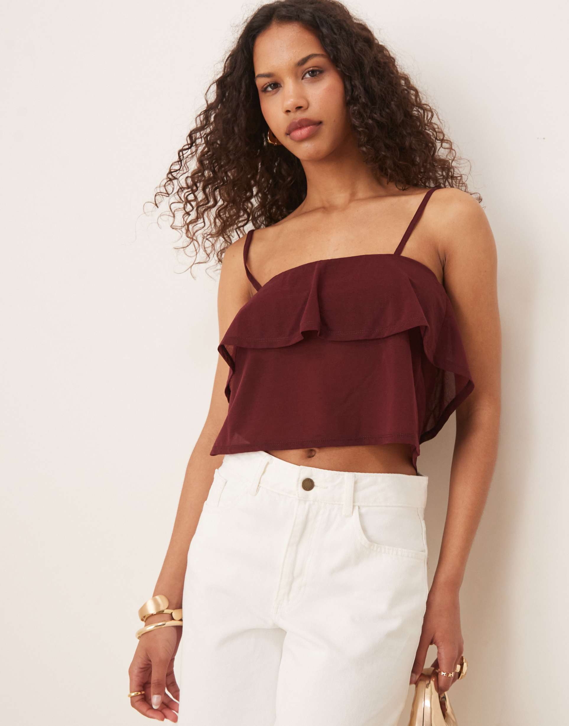 asos design mesh floaty strappy cami top in burgundy