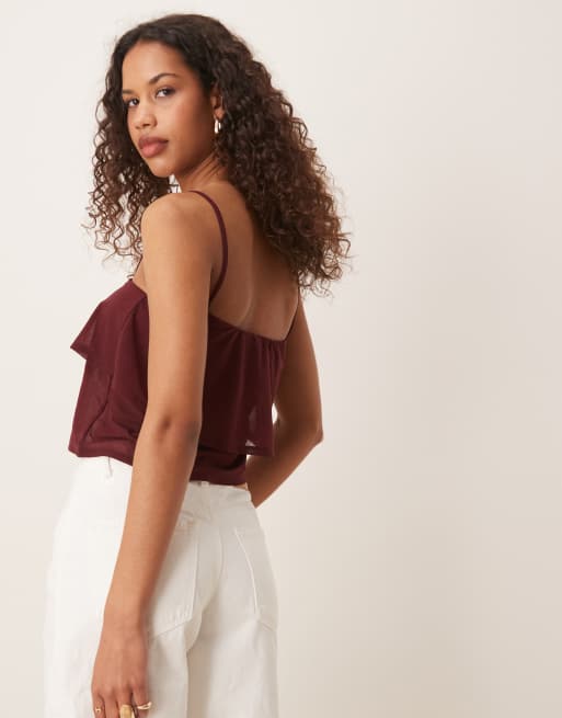 ASOS DESIGN mesh floaty strappy cami top in burgundy, 2 of 4