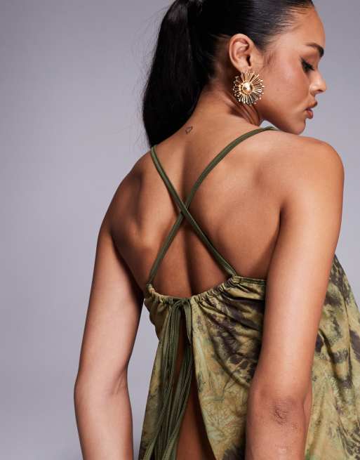 ASOS DESIGN mesh floaty tie back top in green animal print (part of a set), 4 of 4