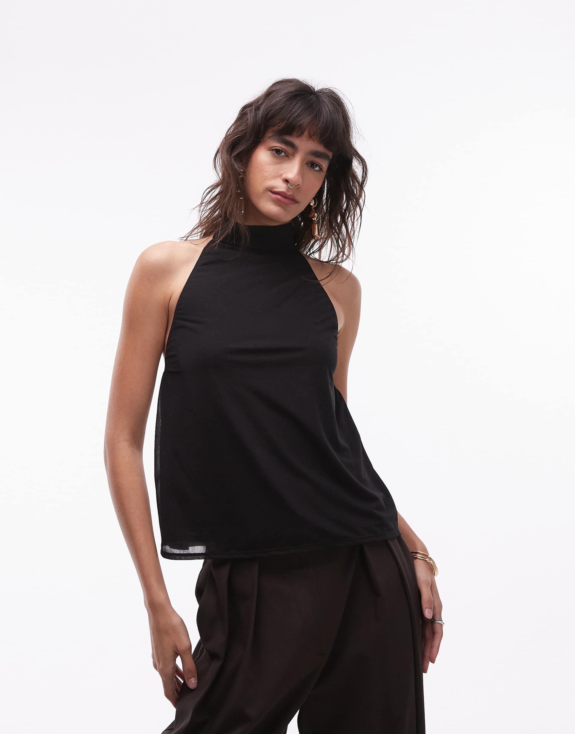 asos design mesh floaty tie halter neck top in black