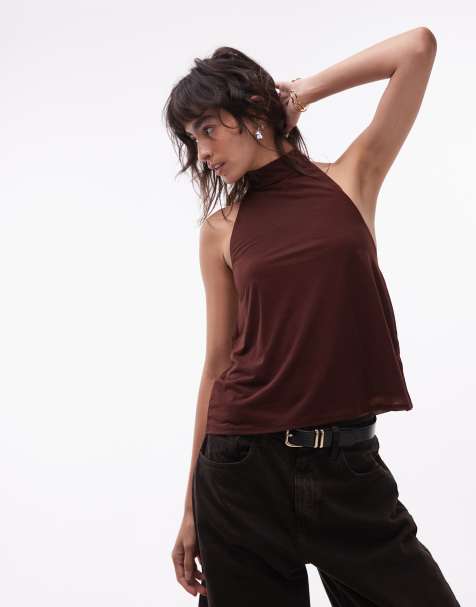 ASOS DESIGN mesh floaty tie halter neck top in brown - view 1