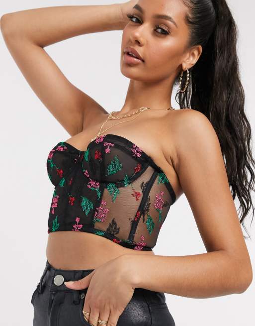 Women's Floral Embroidered Corset Top in Richest Navy