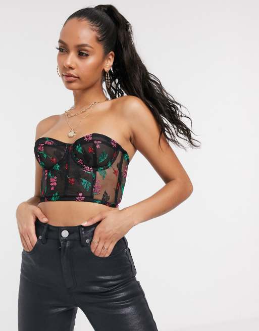 ASOS DESIGN mesh & floral embroidered corset bralet