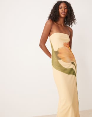 Asos Design Mesh Floral Placement Printed Bandeau Maxi Dress