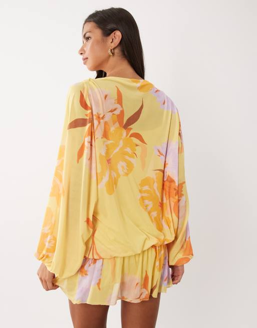 ASOS DESIGN mesh floral print blouson drape mini dress in yellow, 4 of 4