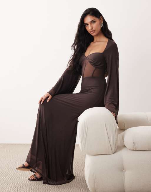 ASOS DESIGN mesh flute sleeve corset detail maxi dress in chocolate, 2 of 4