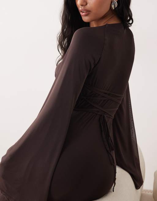 ASOS DESIGN mesh flute sleeve corset detail maxi dress in chocolate, 3 of 4