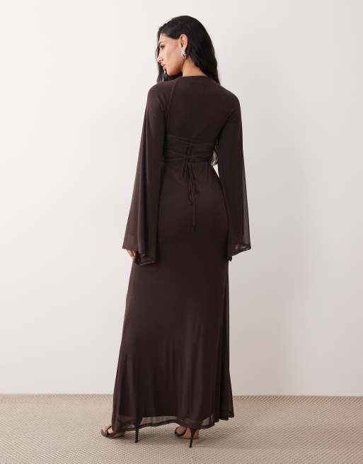 ASOS DESIGN mesh flute sleeve corset detail maxi dress in chocolate, 4 of 4