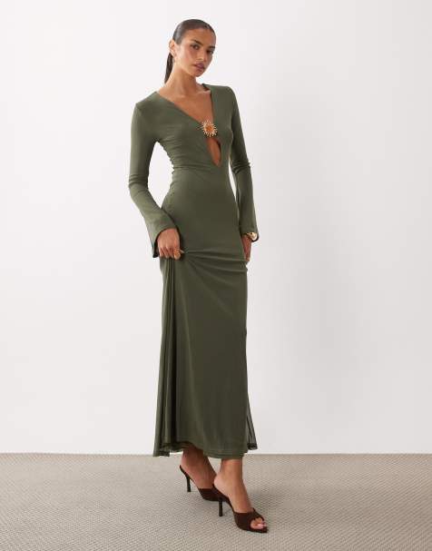 ASOS DESIGN mesh flute sleeve deep plunge maxi dress with gold trim detail in khaki - view 1
