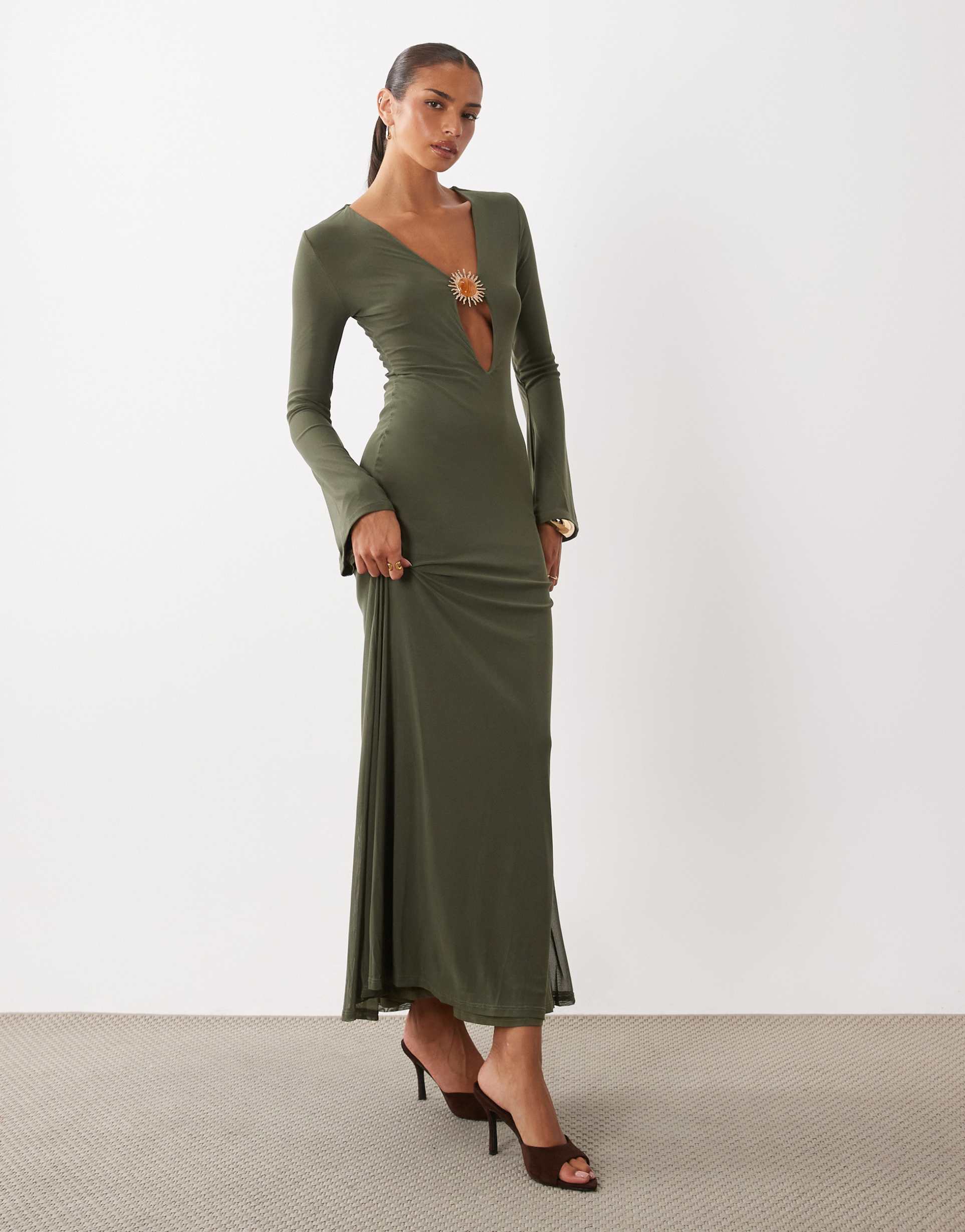 asos design mesh flute sleeve deep plunge maxi dress with gold trim detail in khaki