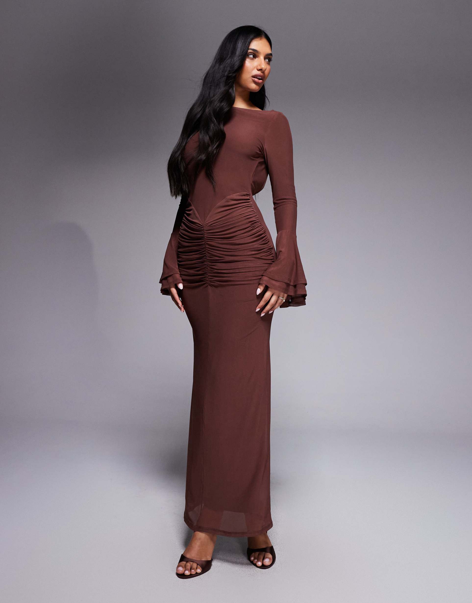 asos design mesh flute sleeve maxi with plunge back detail dress in chocolate