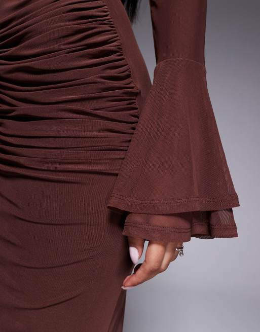 ASOS DESIGN mesh flute sleeve maxi with plunge back detail dress in chocolate, 2 of 4