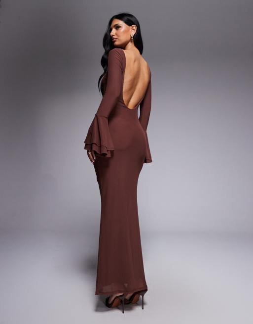 ASOS DESIGN mesh flute sleeve maxi with plunge back detail dress in chocolate, 3 of 4