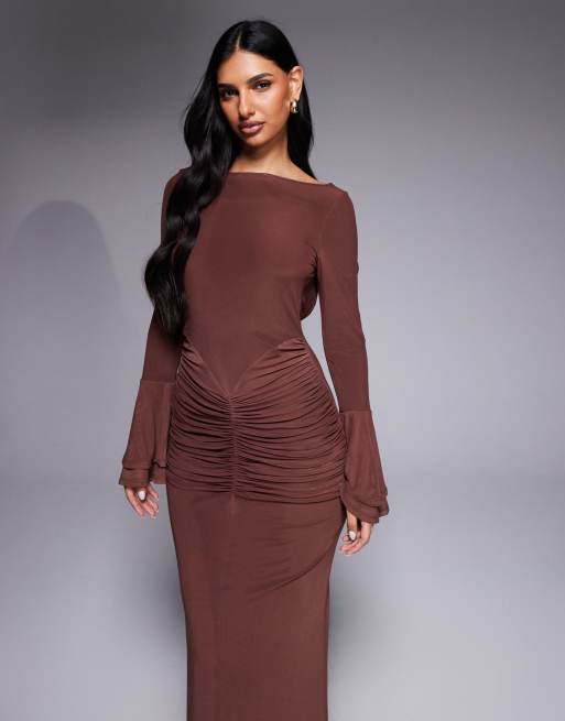 ASOS DESIGN mesh flute sleeve maxi with plunge back detail dress in chocolate, 4 of 4