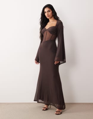 ASOS DESIGN mesh fluted sleeves corset detailing maxi dress in chocolate