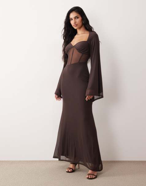 ASOS DESIGN mesh fluted sleeves corset detailing maxi dress in chocolate - view 1