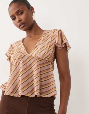 Asos Design Mesh Flutter Sleeve Top In Multi