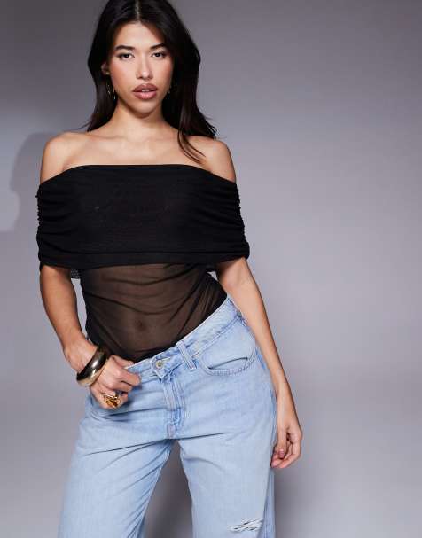 ASOS DESIGN mesh fold-over ruched off-shoulder top in black - view 1