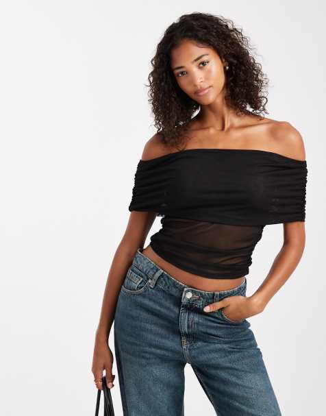 ASOS DESIGN mesh fold over ruched off the shoulder top in black - view 1