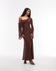 ASOS DESIGN mesh folded neckline maxi dress with fallen shoulder in chestnut