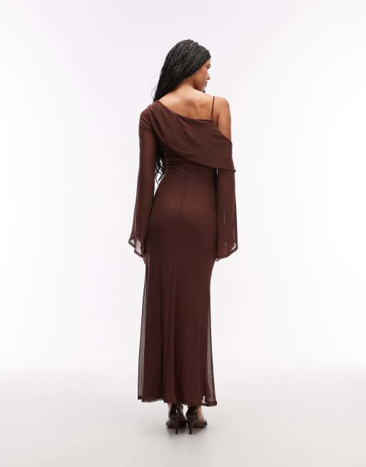 ASOS DESIGN mesh folded neckline maxi dress with fallen shoulder in chestnut, 2 of 4