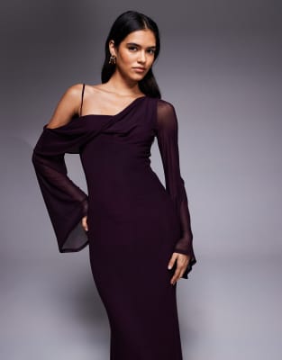 Asos Design Mesh Folded Neckline Midi Dress With Fallen Shoulder In Purple