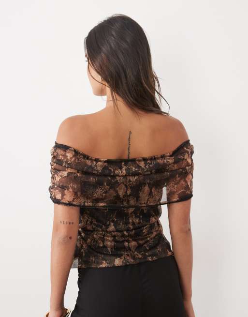 ASOS DESIGN mesh foldover bardot top in animal print, 4 of 4