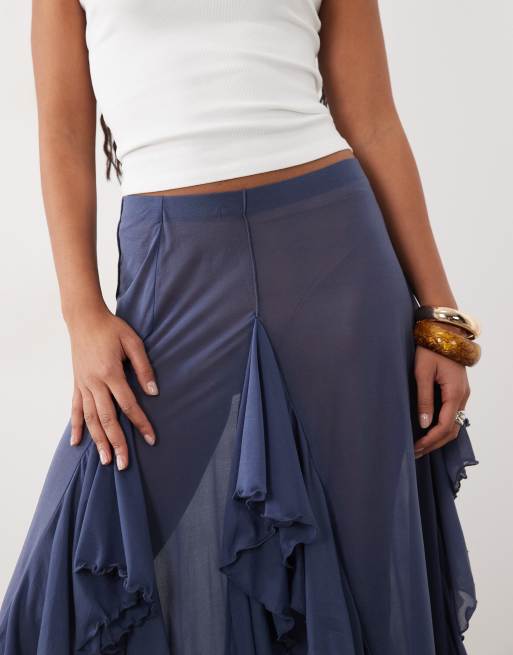 ASOS DESIGN mesh frill detail maxi skirt in blue, 4 of 5